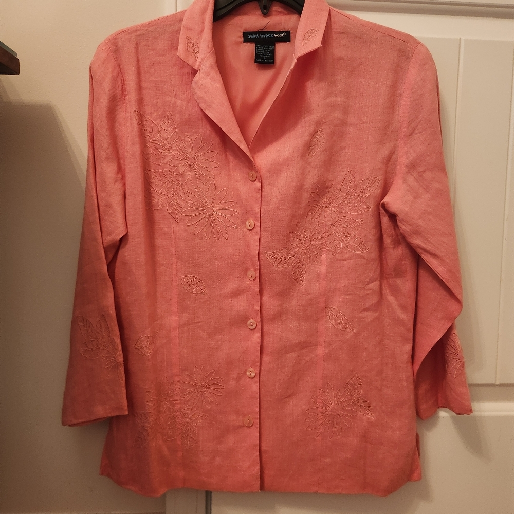 Peach Saint Tropez West Linen Blouse With Accent Stitchery